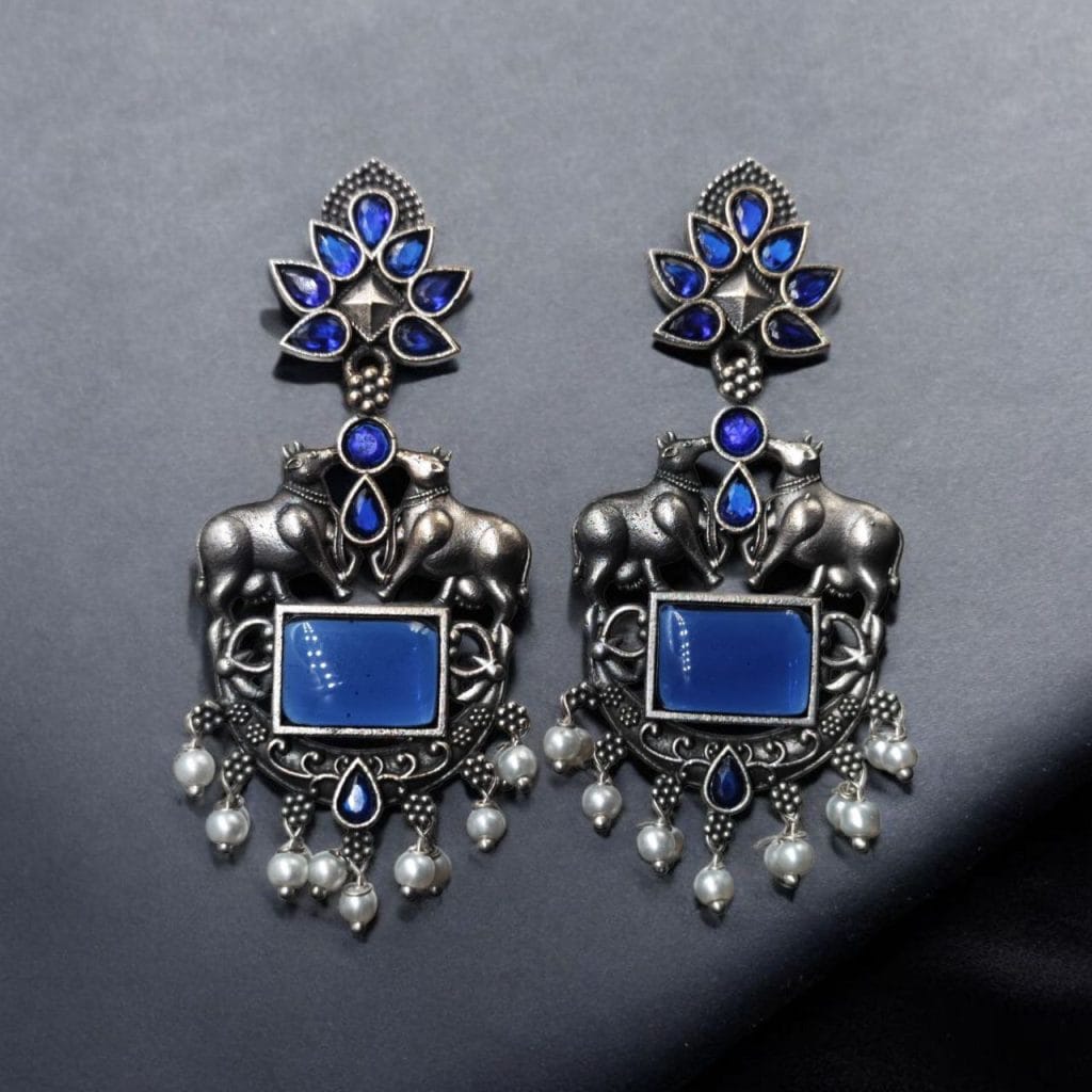 Bulk 1046 Lightweight Oxidized Nandi Earrings with Silver Touch & Beautiful Monalisa Stone - "Blue"