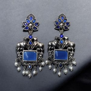 Lightweight Oxidized Nandi Earrings with Silver Touch & Beautiful Monalisa Stone - color: "Blue"