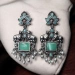 Lightweight Oxidized Nandi Earrings with Silver Touch & Beautiful Monalisa Stone - "Mint"