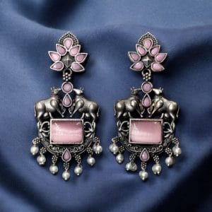 Lightweight Oxidized Nandi Earrings with Silver Touch & Beautiful Monalisa Stone - color: "Baby Pink"