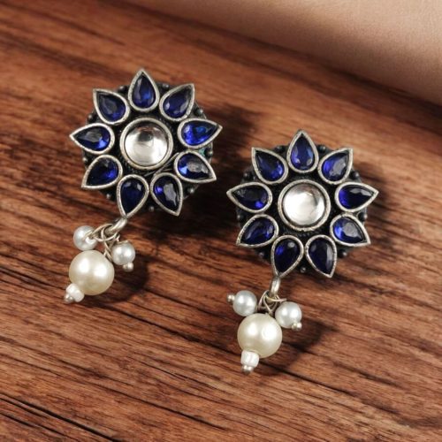 Silver Replica Flower Studs With Pearl Beads | Daily Wear Earrings