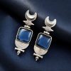 Oxidized Silver Look-alike Moon Stud Earrings with Elegant Monalisa Stone Work