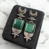 Oxidized Silver Look-alike Moon Stud Earrings with Elegant Monalisa Stone Work