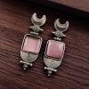 Oxidized Silver Look-alike Moon Stud Earrings with Elegant Monalisa Stone Work