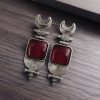 Oxidized Silver Look-alike Moon Stud Earrings with Elegant Monalisa Stone Work