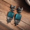 Oxidized Silver Look-alike Moon Stud Earrings with Elegant Monalisa Stone Work
