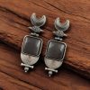 Oxidized Silver Look-alike Moon Stud Earrings with Elegant Monalisa Stone Work