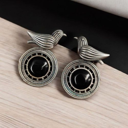 Silver Look-alike Oxidized Bird Stud Earrings with Stunning Monalisa Stone