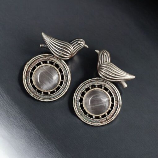 Silver Look-alike Oxidized Bird Stud Earrings with Stunning Monalisa Stone