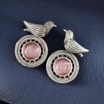 Silver Look alike Oxidized Bird Stud Earrings with Stunning Monalisa Stone - "Baby pink"