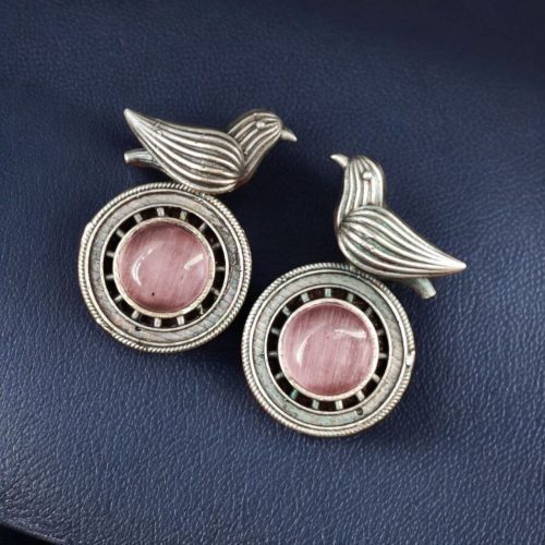 Silver Look-alike Oxidized Bird Stud Earrings with Stunning Monalisa Stone