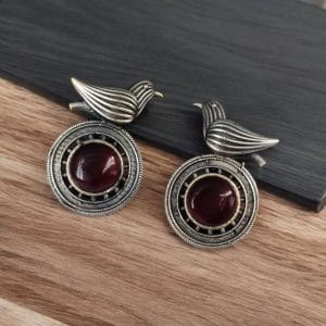 Silver Look alike Oxidized Bird Stud Earrings with Stunning Monalisa Stone - color: "Red"