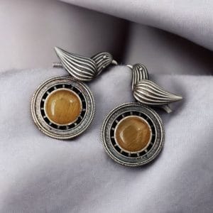 Silver Look alike Oxidized Bird Stud Earrings with Stunning Monalisa Stone - color: "Yellow"