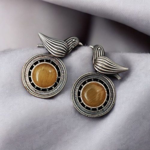 Silver Look-alike Oxidized Bird Stud Earrings with Stunning Monalisa Stone