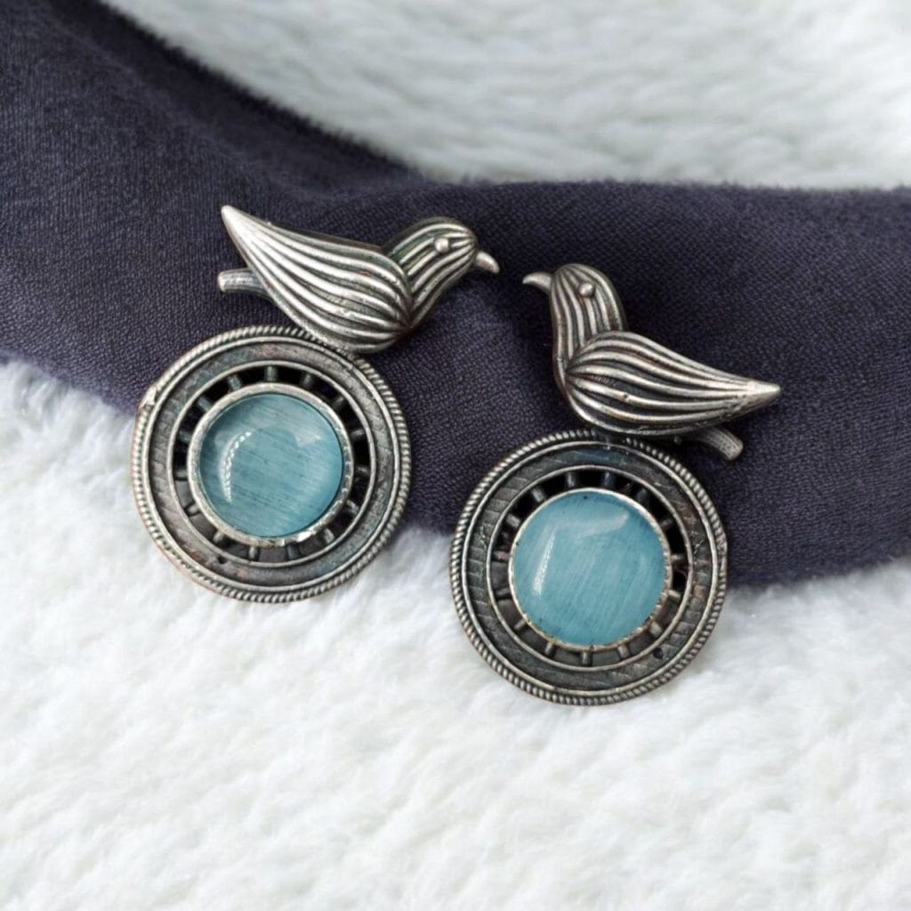 Bulk 1028 Silver Look alike Oxidized Bird Stud Earrings with Stunning Monalisa Stone - "Aqua"