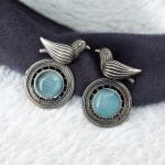 Silver Look alike Oxidized Bird Stud Earrings with Stunning Monalisa Stone - "Aqua"