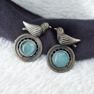 Silver Look alike Oxidized Bird Stud Earrings with Stunning Monalisa Stone - color: "Aqua"