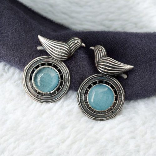 Silver Look-alike Oxidized Bird Stud Earrings with Stunning Monalisa Stone