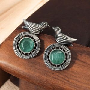Silver Look alike Oxidized Bird Stud Earrings with Stunning Monalisa Stone - color: "Mint"