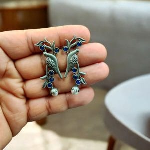 Oxidized Silver Look-Alike Bird Earrings with Gorgeous Stone and Pearl Decoration
