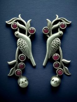Silver Look aLike Bird Design Earrings | Oxidised Handcrafted Studs with Gorgeous Stone and Pearl Decoration