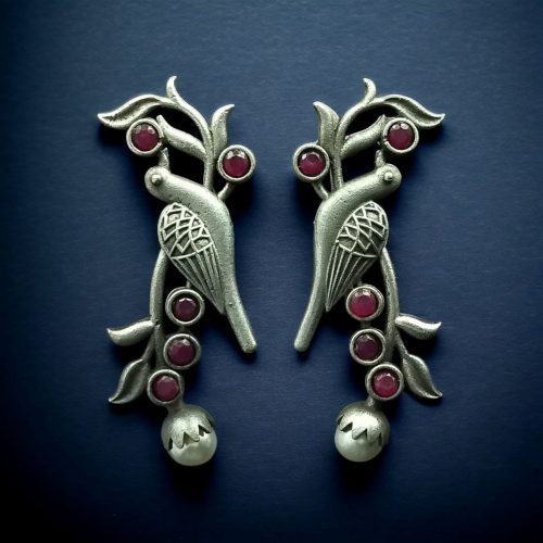 Silver Look aLike Bird Design Earrings | Oxidised Handcrafted Studs with Gorgeous Stone and Pearl Decoration