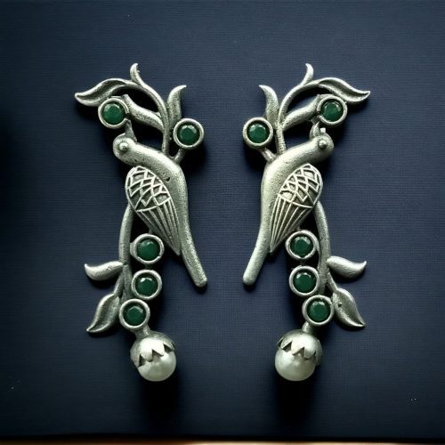 Oxidized Silver Look-Alike Bird Earrings with Gorgeous Stone and Pearl Decoration