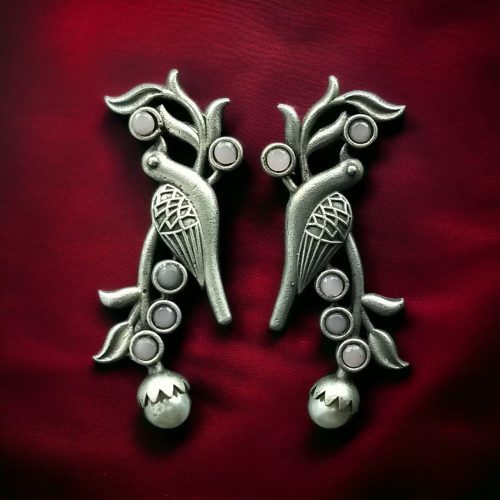 Oxidized Silver Look-Alike Bird Earrings with Gorgeous Stone and Pearl Decoration