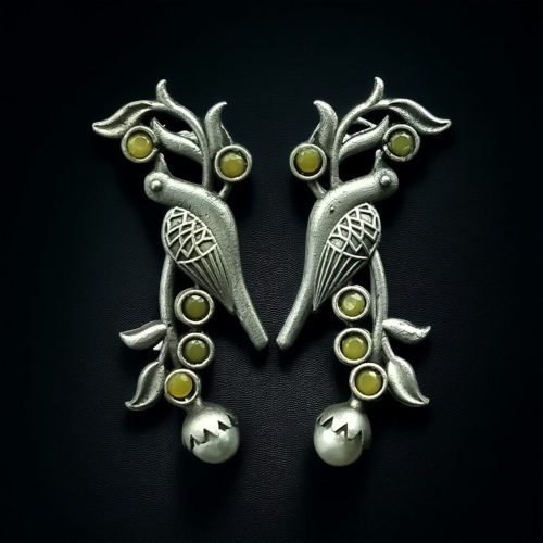 Oxidized Silver Look-Alike Bird Earrings with Gorgeous Stone and Pearl Decoration