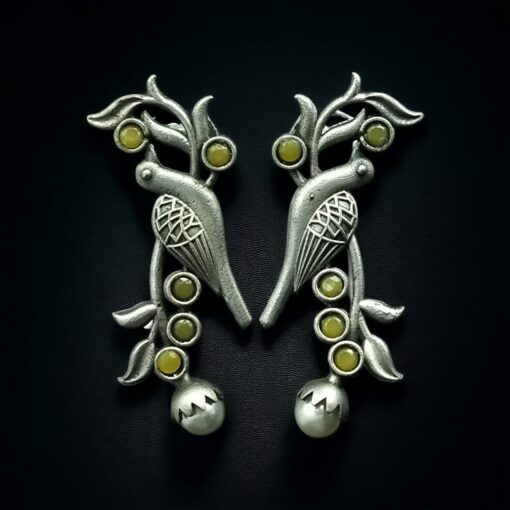 Oxidized Silver Look-Alike Bird Earrings with Gorgeous Stone and Pearl Decoration