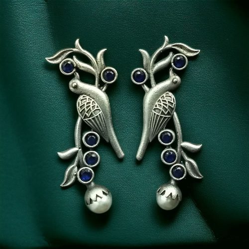 Oxidized Silver Look-Alike Bird Earrings with Gorgeous Stone and Pearl Decoration