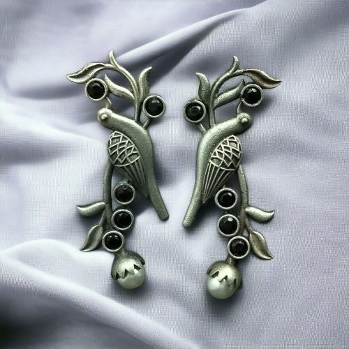 Oxidized Silver Look-Alike Bird Earrings with Gorgeous Stone and Pearl Decoration