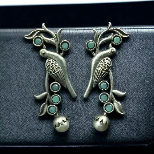 Oxidized Silver Look-Alike Bird Earrings with Gorgeous Stone and Pearl Decoration
