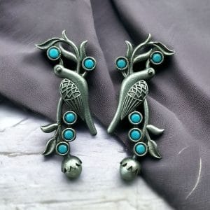 Silver Look aLike Bird Design Earrings | Best Oxidised Handcrafted Studs - color: "Aqua"