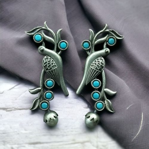 Oxidized Silver Look-Alike Bird Earrings with Gorgeous Stone and Pearl Decoration