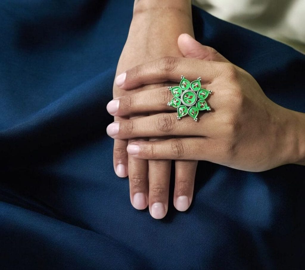 Bulk 1004 Oxidised Handpainted Flower Finger Ring Adjustable – Unique Traditional Jewelry - "Mint"