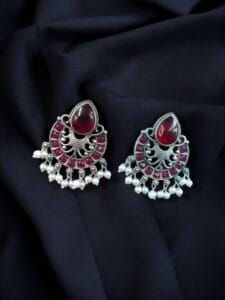 Elegant Brass Monalisa Stone Earrings – A Perfect Ethnic Look - color: "Red"
