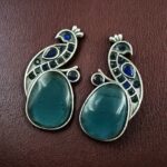 Jaipuri Oxidised Silver Replica Peacock Earrings With Perfect Monalisa Stone and Pearl Work - "Blue"