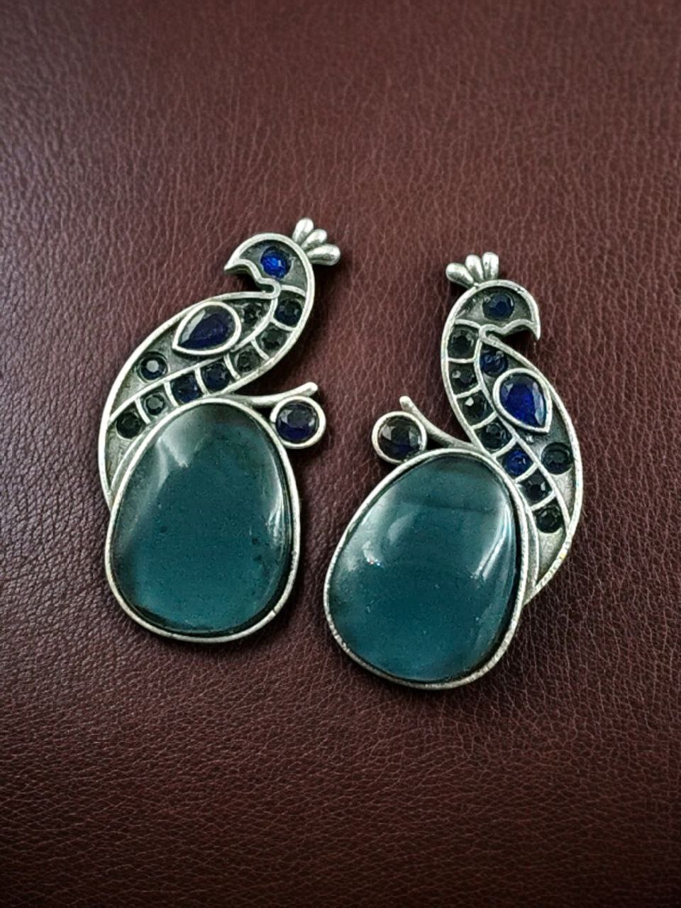 Jaipuri Oxidised Silver Replica Peacock Earrings With Perfect Monalisa Stone and Pearl Work 11 Jaipuri Oxidised Silver Replica Peacock Earrings With Perfect Monalisa Stone and Pearl Work - Image 12