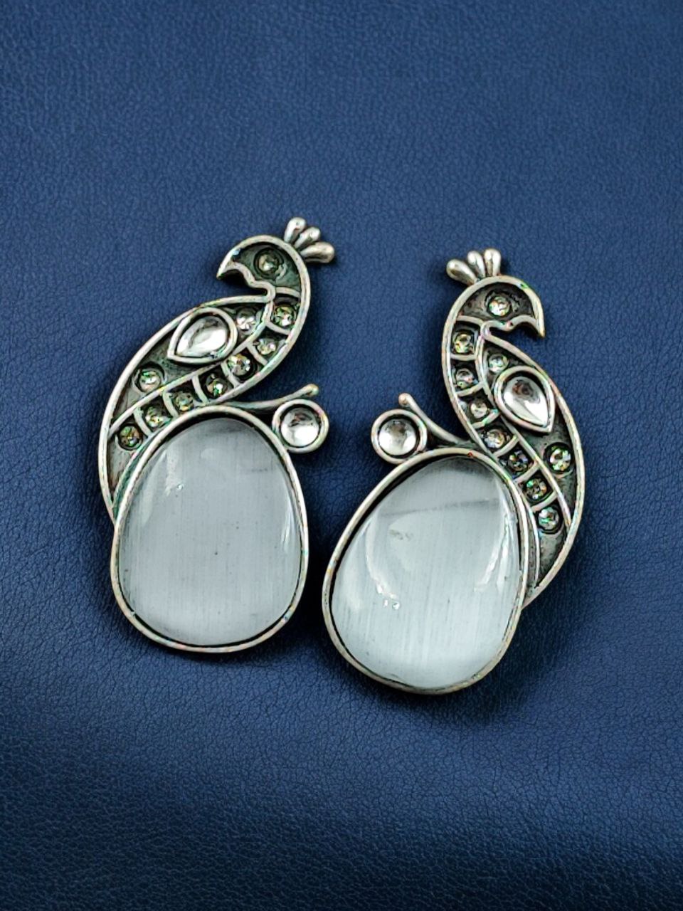 Jaipuri Oxidised Silver Replica Peacock Earrings With Perfect Monalisa Stone and Pearl Work 9 Jaipuri Oxidised Silver Replica Peacock Earrings With Perfect Monalisa Stone and Pearl Work - Image 10