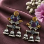 Dual Tone Monalisa Stone Jhumki Stud Earrings – A Perfect Match for Ethnic Wear - "Blue"