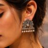 Traditional Oxidized Dancing Peacock Stud Earrings with Silver Replica Finish & Stunning Pearl Beads