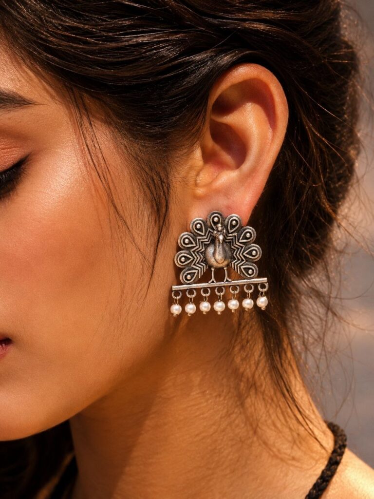 Traditional Oxidized Dancing Peacock Stud Earrings – Silver Replica with Stunning Pearl Beads
