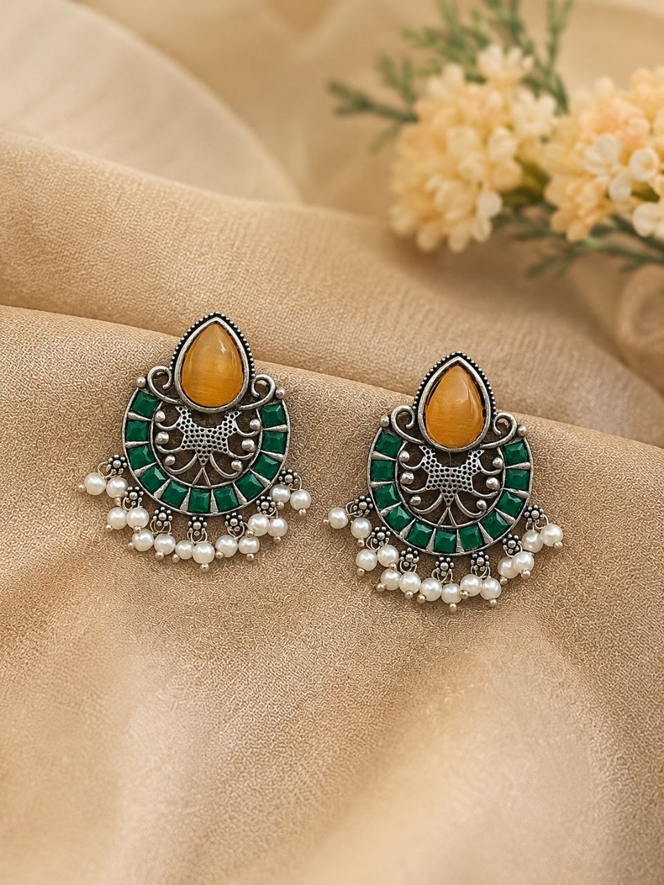 Elegant Brass Monalisa Stone Earrings – A Perfect Ethnic Look 12 Elegant brass Monalisa stone earrings with intricate detailing, perfect for an ethnic and festive look.