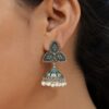 Stylish Silver Replica Jhumka Earrings with Oxidized Leaf Stud and Pearl Drops – Elegant Ethnic Jewelry.