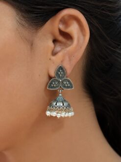 Stylish Silver Replica Jhumka Earrings with Oxidized Leaf Stud and Pearl Drops – Elegant Ethnic Jewelry.