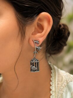 Handcrafted Silver Replica Bird Cage Jhumkas with Oxidized Finish – Ethnic Jewelry for Women