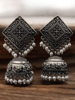 Oxidised silver earring with a replica square jhumka design, perfect for achieving the best ethnic look with traditional charm and elegance.