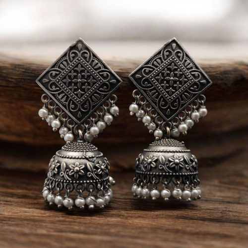 Oxidised silver earring with a replica square jhumka design, perfect for achieving the best ethnic look with traditional charm and elegance.