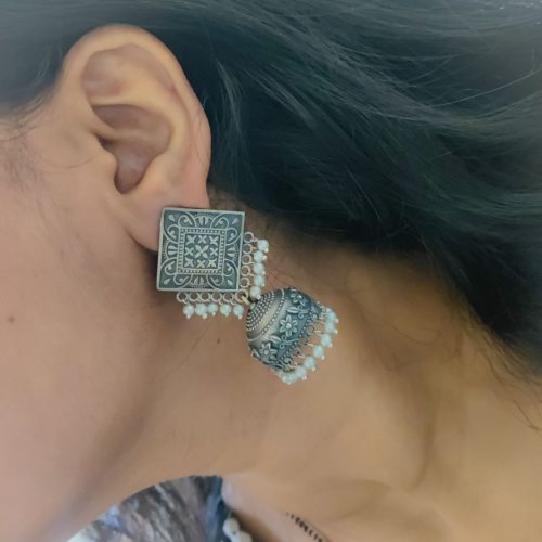 Oxidised Silver Earring– Replica Square Jhumka for Best Ethnic Look - Image 2